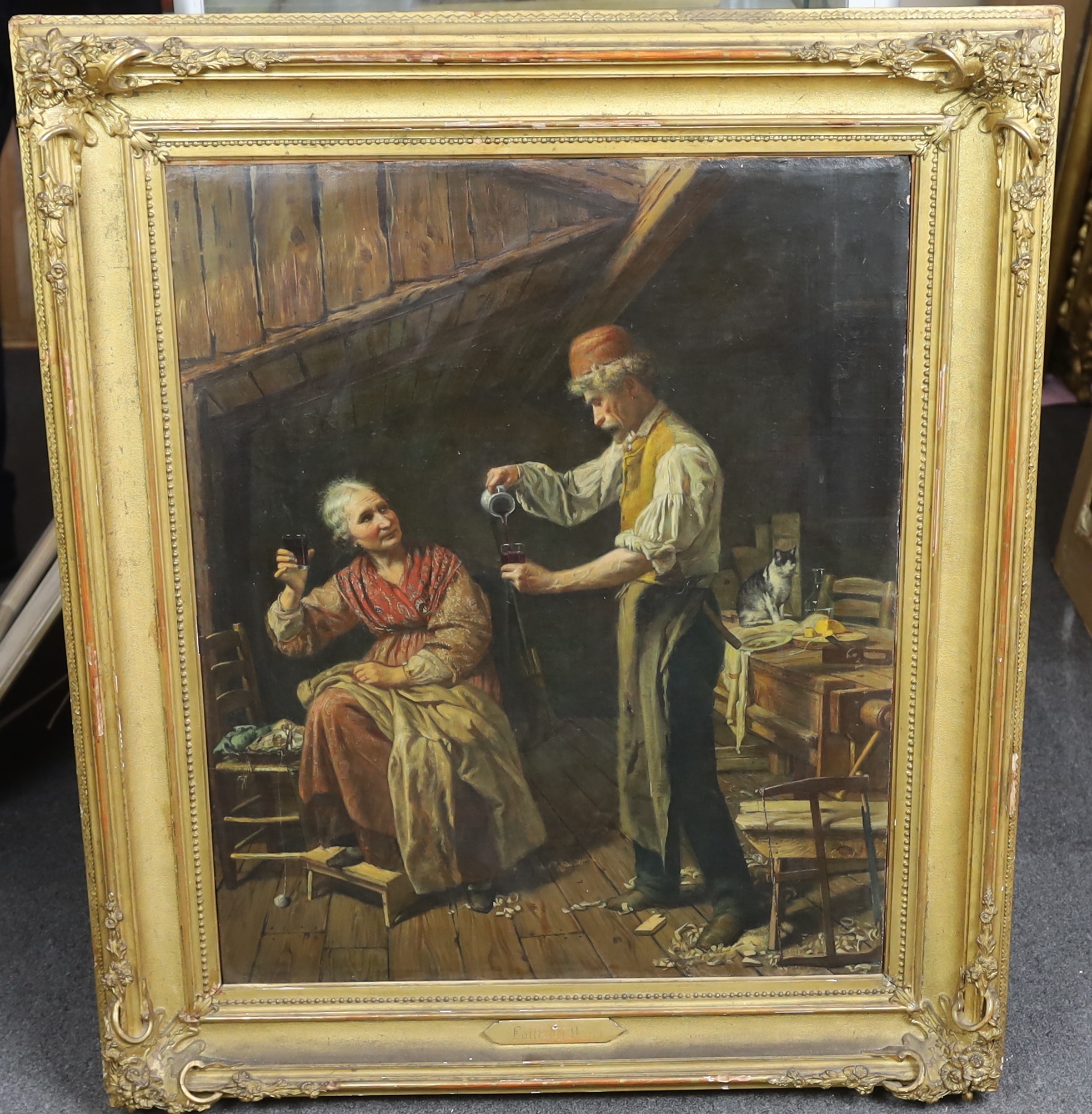 Gian Francesco Locatelli (Italian, 1810-1882), oil on canvas, Interior with couple drinking wine, signed, 76 x 62cm. Condition - fair